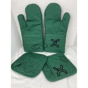 Green Cotton Silicone Paw print Cat Oven Mitts and Potholders Set Grill Glove